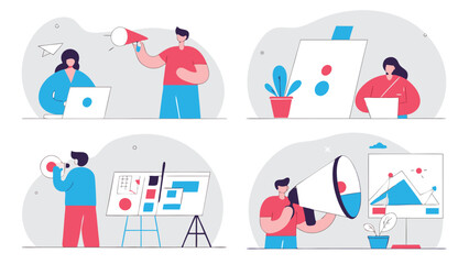 People presenting data and ideas with megaphones and charts business presentation