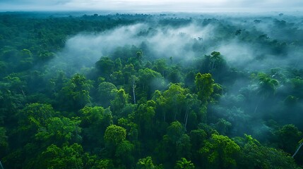 Misty morning aerial view of a dense lush green rainforest canopy with wisps of fog
