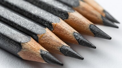 Close-up display of multiple sharp graphite pencils on white background