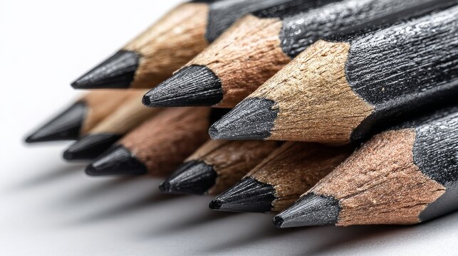 Close-up display of multiple sharp graphite pencils on white background