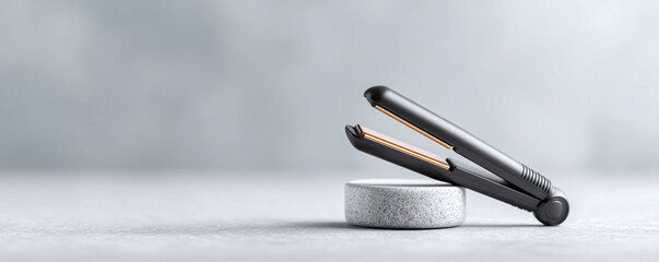 Sleek hair straightener on a textured stand, bathed in soft light. Ideal for beauty, wellness, styling product ads. Minimalistic design, clean  modern.