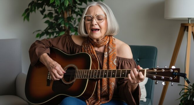 Senior woman playing guitar and singing at home isolated PNG with Transparent Background
