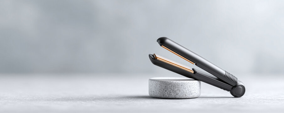 Sleek hair straightener on a textured stand, bathed in soft light. Ideal for beauty, wellness, styling product ads. Minimalistic design, clean  modern.