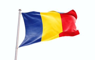 Romania national flag waving isolated on white background with clipping path.