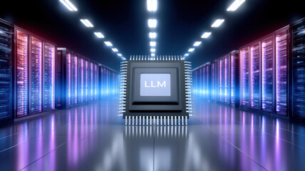 Futuristic data center interior featuring central microchip surrounded by glowing server racks, creating high tech atmosphere. vibrant lights enhance modern design and innovation