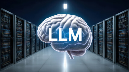 Digital representation of brain symbolizing artificial intelligence, with acronym LLM prominently displayed. background features futuristic server room, emphasizing technology and data processing