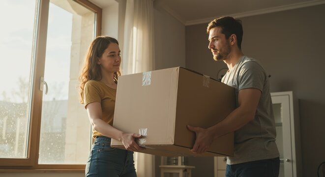 Young couple carrying a box while moving into their new home