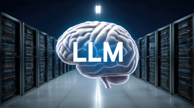 Digital representation of brain symbolizing artificial intelligence, with acronym LLM prominently displayed. background features futuristic server room, emphasizing technology and data processing