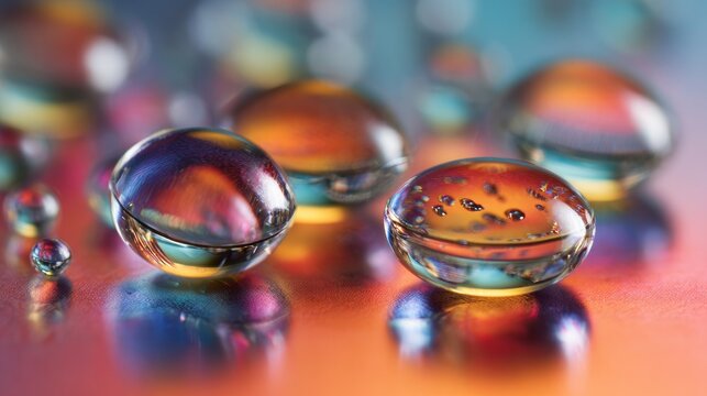Contact lenses and water droplets on a colored mirror surface, close-up shot