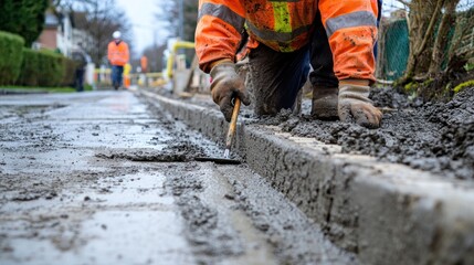 A construction worker in reflective gear repairing a kerbside pavement with tools and fresh concrete