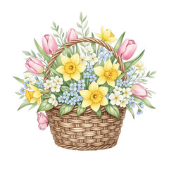 Obraz premium Basket filled with tulips daffodils and forget me nots isolated on transparent background