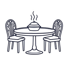 A stylish dining room interior with a set of kitchen utensils, various restaurant icons, and empty wooden chairs and tables