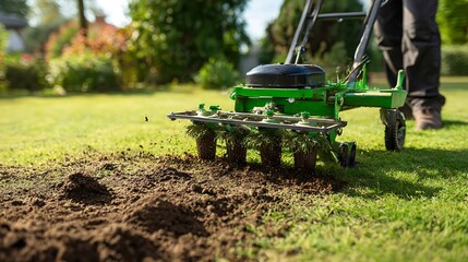 Professional lawn aerator machine in action removing soil plugs from a green grassy yard