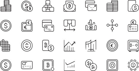 Financial and Business Line Icons: Money, Investment, and Digital Transaction Symbols Collection png transparent design 

