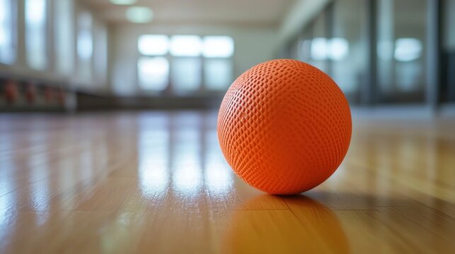 A close-up photo captures the elasticity of a bouncing ball as it compresses and rebounds on a polished wooden floor in a brightly lit gym