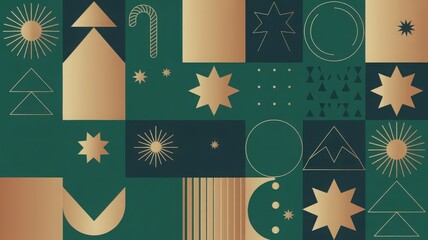 Geometric Christmas Symbols Gold and Green Pattern
