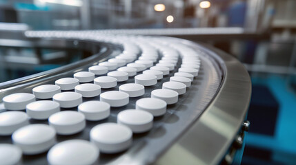 white pills aligned on conveyor belt in pharmaceutical factory