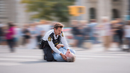 A uniformed officer assists an injured man in a public square. Represents safety, protection, emergency response. Good for healthcare, safety, social issues.