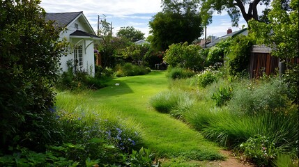 Obraz premium Charming white cottage adorned with lush greenery and a winding garden path