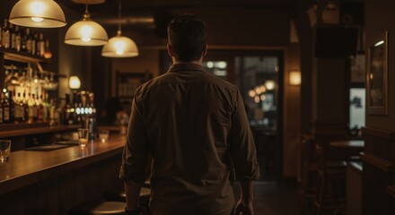 Man standing at bar counter in dimly lit pub interior  