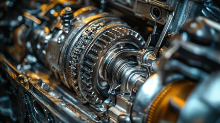 Fototapeta premium A detailed macro shot of a car gearbox with exposed metal components interlocking gears and a faint oil shee