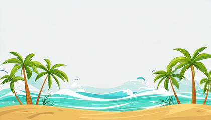 Obraz premium Serene Tropical Beach Scene: Palm Trees, Turquoise Waves, White Sand