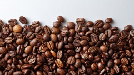Fototapeta premium Overhead arrangement of roasted coffee beans on a clean white surface