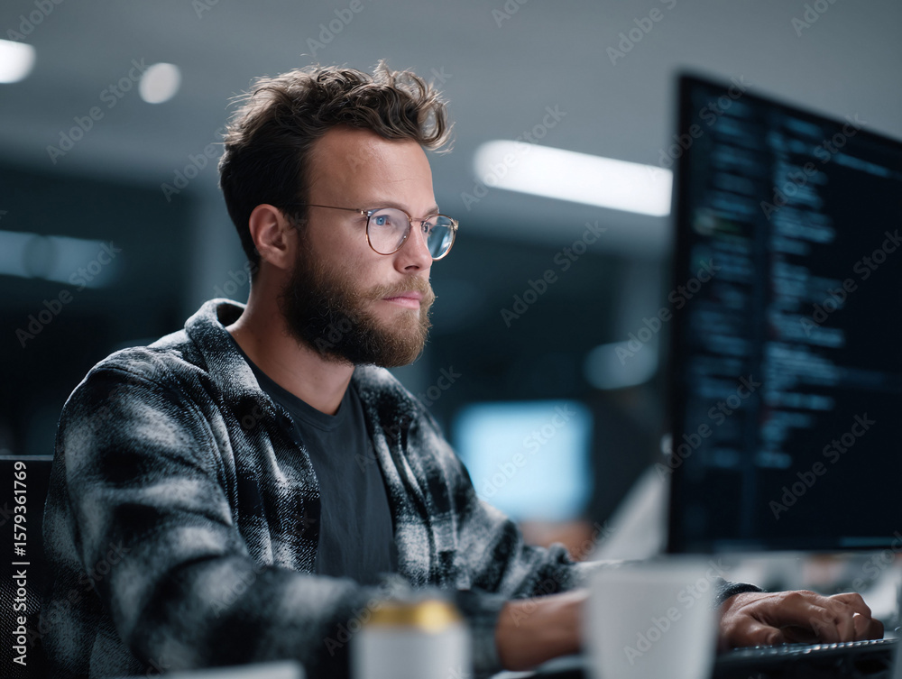 Poster focused developer coding late at night. the image captures a professional diligently working on a so