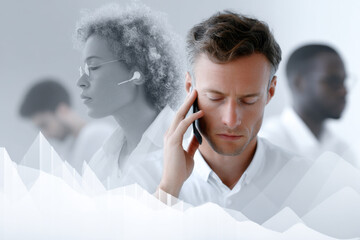 Stylized conceptual image of diverse business professionals with serious expressions, symbolizing economic recession or financial crisis. Subtle stock chart overlay suggests downturn. Modern, minimal