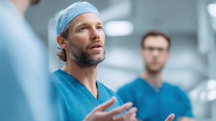 Focused surgeon shares knowledge. Teamwork and expertise in healthcare depicted. Ideal for medical training, hospital communications, or scientific journals.