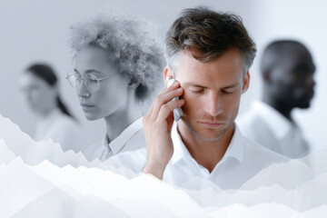 Stylized conceptual image of diverse business professionals with serious expressions, symbolizing economic recession or financial crisis. Subtle stock chart overlay suggests downturn. Modern, minimal
