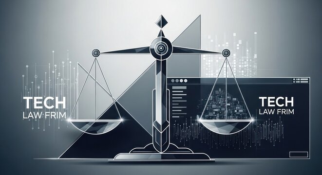 Scales of justice with tech law firm text and digital elements in monochrome abstract background