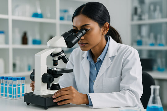 Concentrated scientist examines sample under a microscope in a modern research laboratory, advancing scientific discovery.
