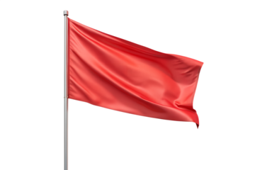 A vibrant red flag waves majestically on a metal pole, isolated on a pure transparent background