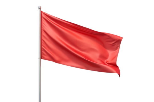 A vibrant red flag waves majestically on a metal pole, isolated on a pure transparent background
