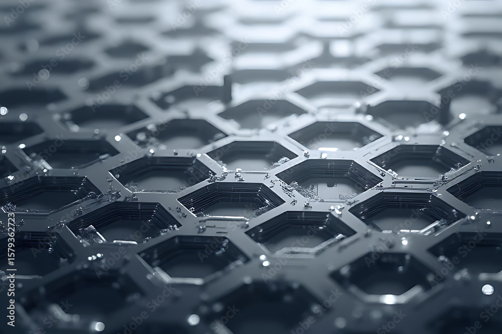 Poster abstract close-up of a hexagonal metallic structure with a layered design and a blurred background i