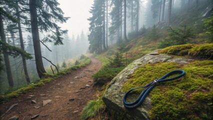 A misty forest path invites exploration amidst tall pine trees, where a blue rope rests on a mossy rock, beckoning adventure and connection with nature.