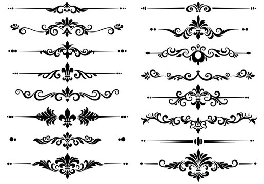 An exquisite collection of black vintage ornate decorative dividers and flourishes, perfect for elegant design and text embellishment.