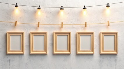 Gallery wall display with five frames, string lights, and a textured white background, perfect for showcasing memories in a cozy setting
