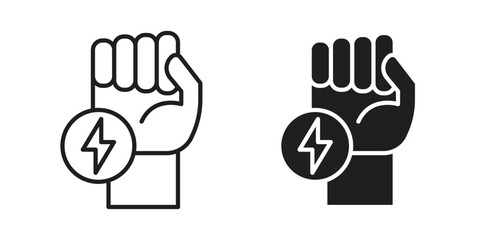 Obraz premium Hand with Power icons in trendy linear style vector. Vector illustration