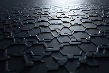 Naklejka premium Abstract dark gray hexagonal pattern with glossy surface and geometric shapes creating a futuristic textured background