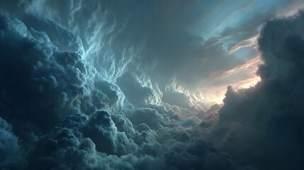 Fototapeta premium Dramatic Sky with Towering Clouds and a Glimmer of Sunlight Breaking Through the Dark Horizon