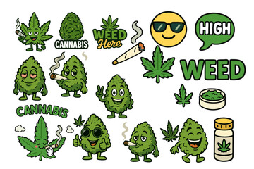 Funny Cannabis Weed Stickers Collection – Cartoon Buds, Leaves, and Joints