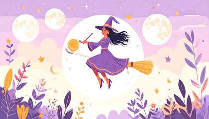 Fototapeta premium A lone witch soars on her broom across a giant glowing full moon, her silhouette framed by stars in a dreamy purple sky—minimalist vector art with spooky, whimsical Halloween vibes.