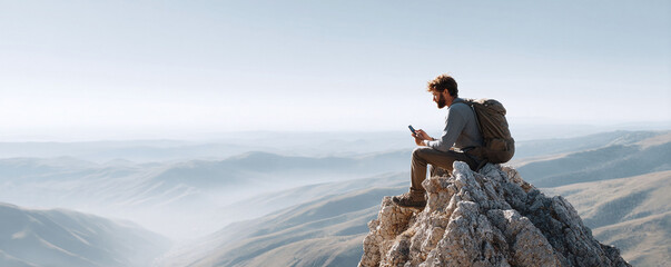 A solitary hiker sits atop a rocky peak, gazing at a mobile phone. Hes surrounded by vast, misty mountains under a clear sky. Use for travel, tech, or success themes.