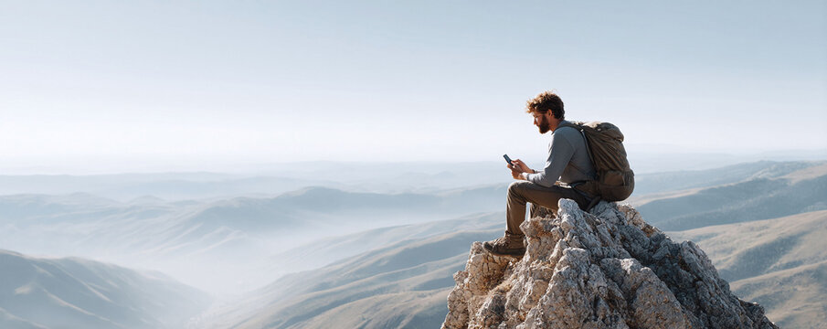 A solitary hiker sits atop a rocky peak, gazing at a mobile phone. Hes surrounded by vast, misty mountains under a clear sky. Use for travel, tech, or success themes. - Powered by Adobe