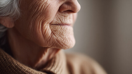 Closeup on aging skin, capturing wisdom, resilience, and beauty of the passage of time. Perfect for themes of maturity, care, empathy, or senior living narratives.