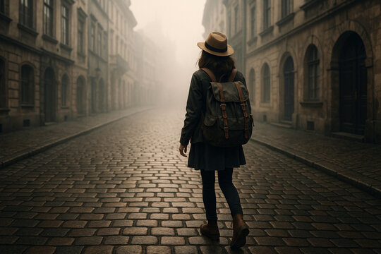 Solitary female traveler with backpack strolls down a foggy cobblestone street in a historic European city.