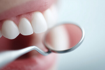 Closeup of perfect white teeth and a dental mirror. Ideal for dentistry, oral hygiene, or healthcare concepts. Could represent confidence, beauty, or a healthy lifestyle.