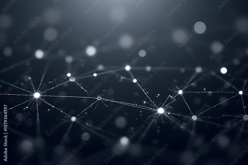 Poster abstract network of interconnected glowing white dots and lines on a dark blue background with blurr